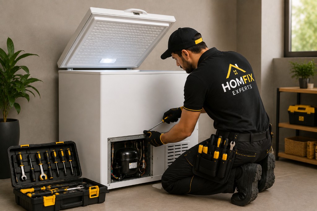 HomFix Experts technician repairing a chest freezer — compressor and cooling service
